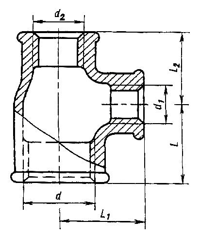 ГОСТ 8950-75 Соединительные части из ковкого чугуна с цилиндрической резьбой для трубопроводов. Тройники с двумя переходами. Основные размеры (с Изменениями N 1, 2)